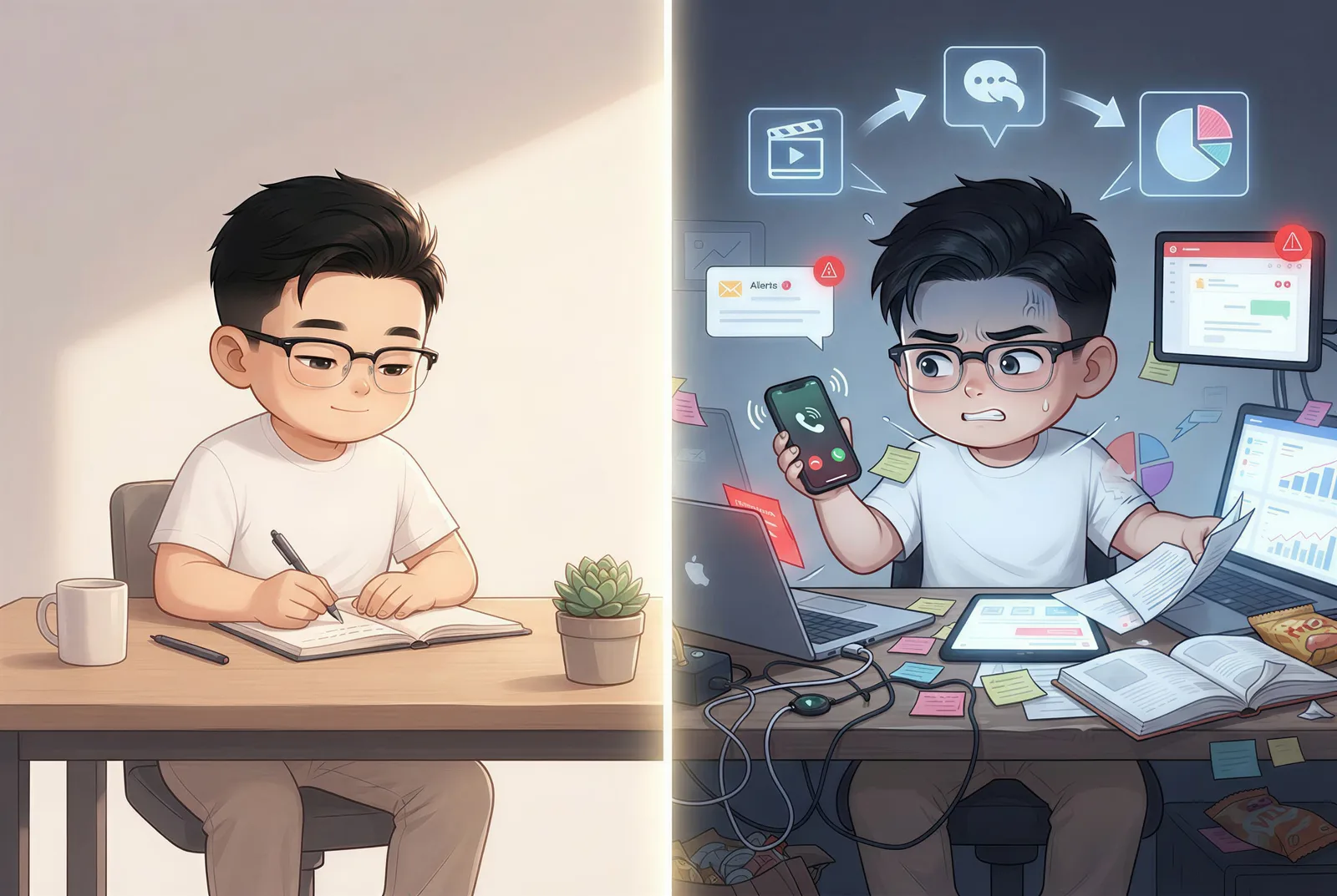 同一位创作者分别处于专注工作和被通知打断的工作环境中