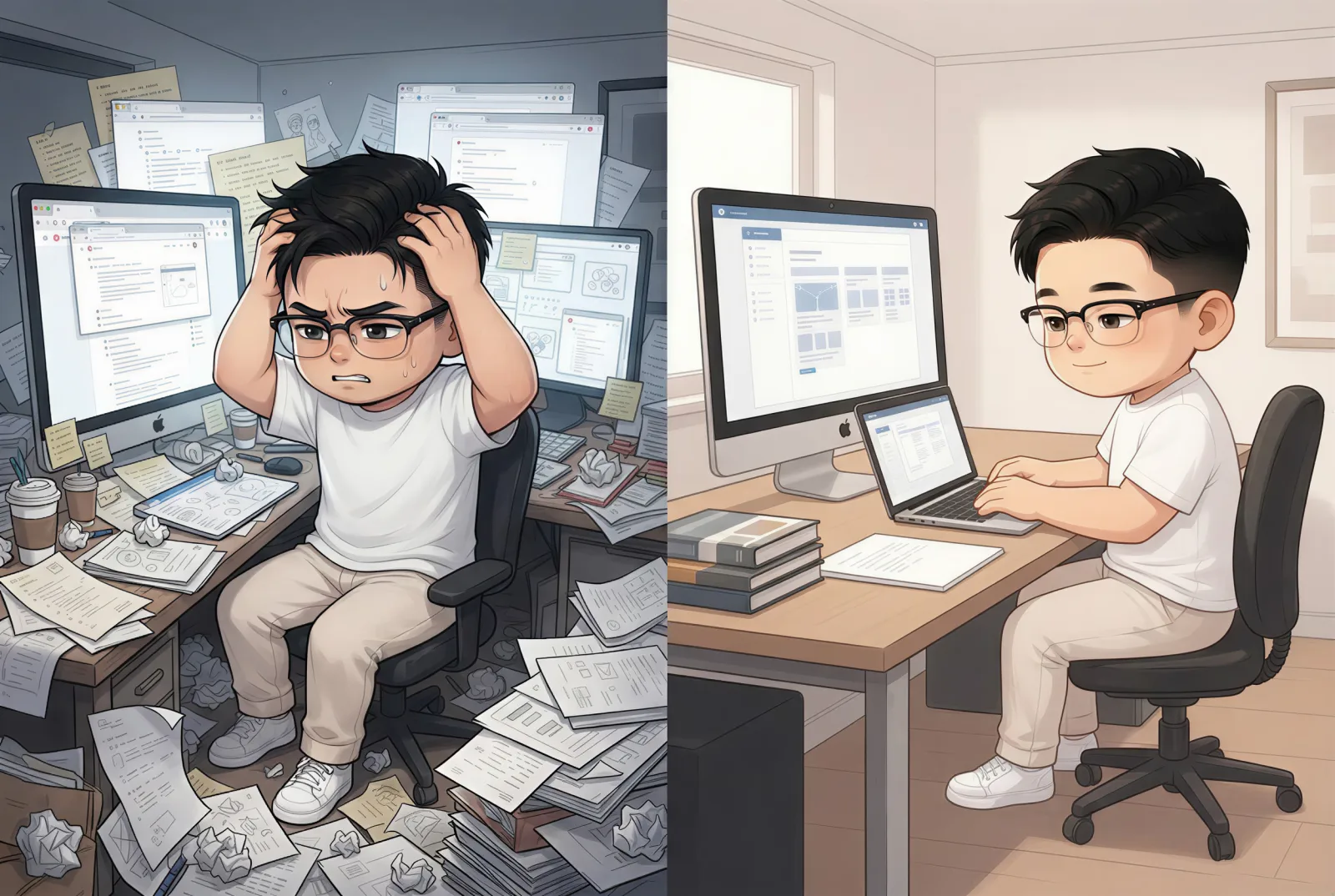 The same creator in a chaotic newsletter workflow and a calm sustainable workflow
