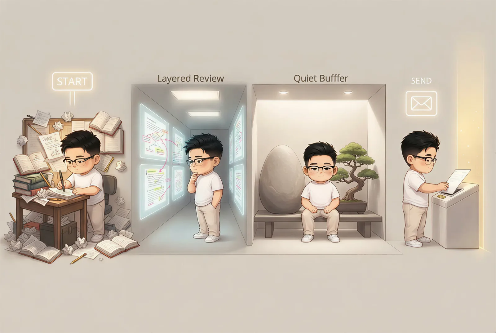 A creator moving from drafting through layered review and a quiet buffer before sending