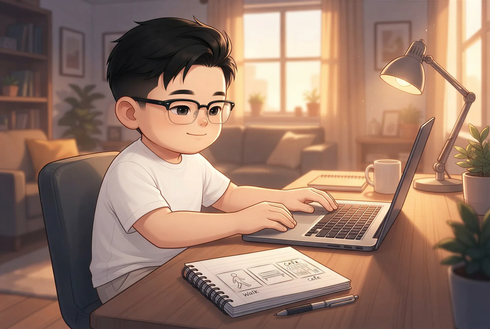Kyle 夜晚回到木质书桌,在电脑旁继续整理笔记