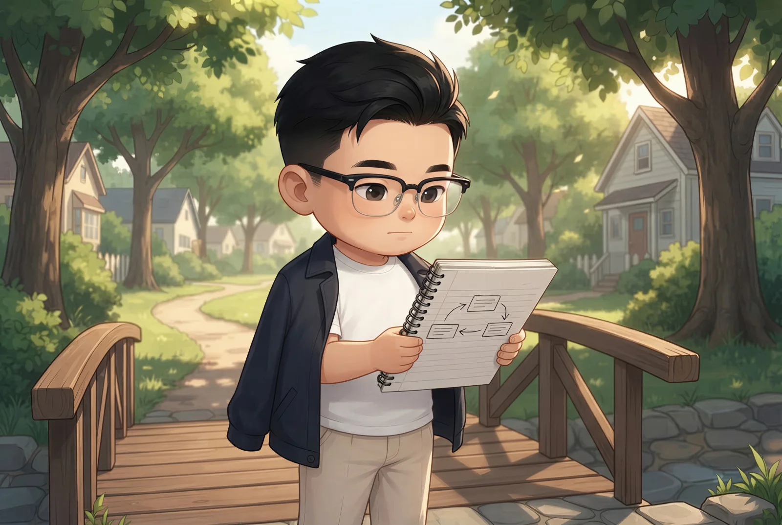 Kyle 中午带着笔记本走在人行天桥上